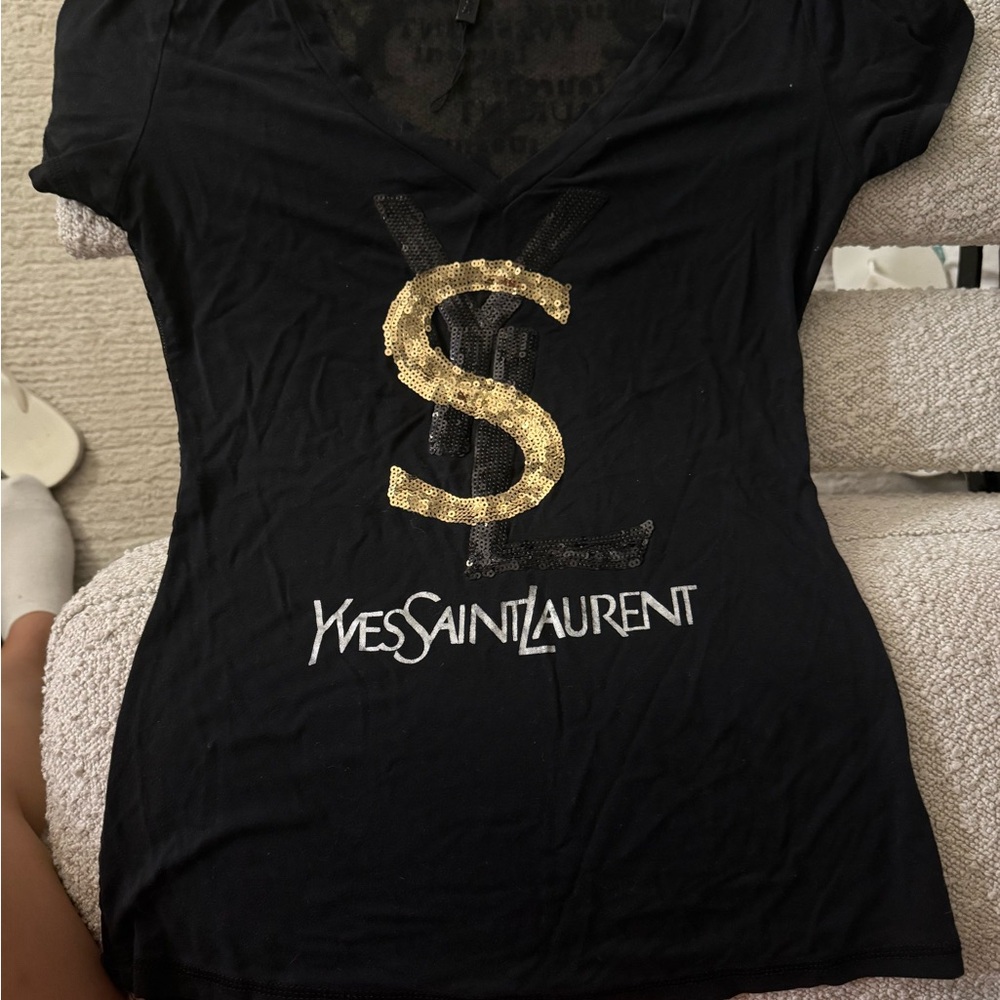 Yves Saint Laurent Black Tee with Gold Logo